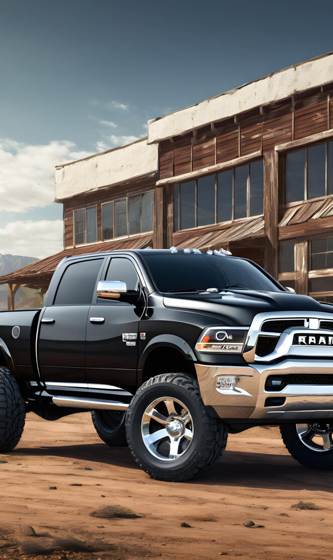 2025 Black Dodge 4x4 4-door Pickup Truck With Lots Of Chrome On It.