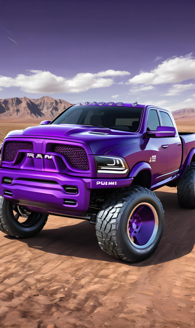 Big Purple Dodge Ram 4x4 4-door Pickup Truck.