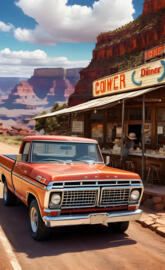 an orange car parked outside a restaurant