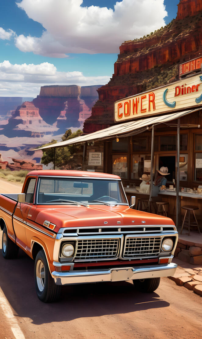 an orange car parked outside a restaurant