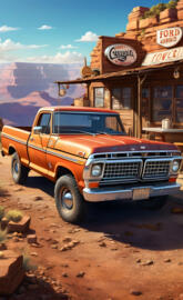 an orange truck parked outside a restaurant