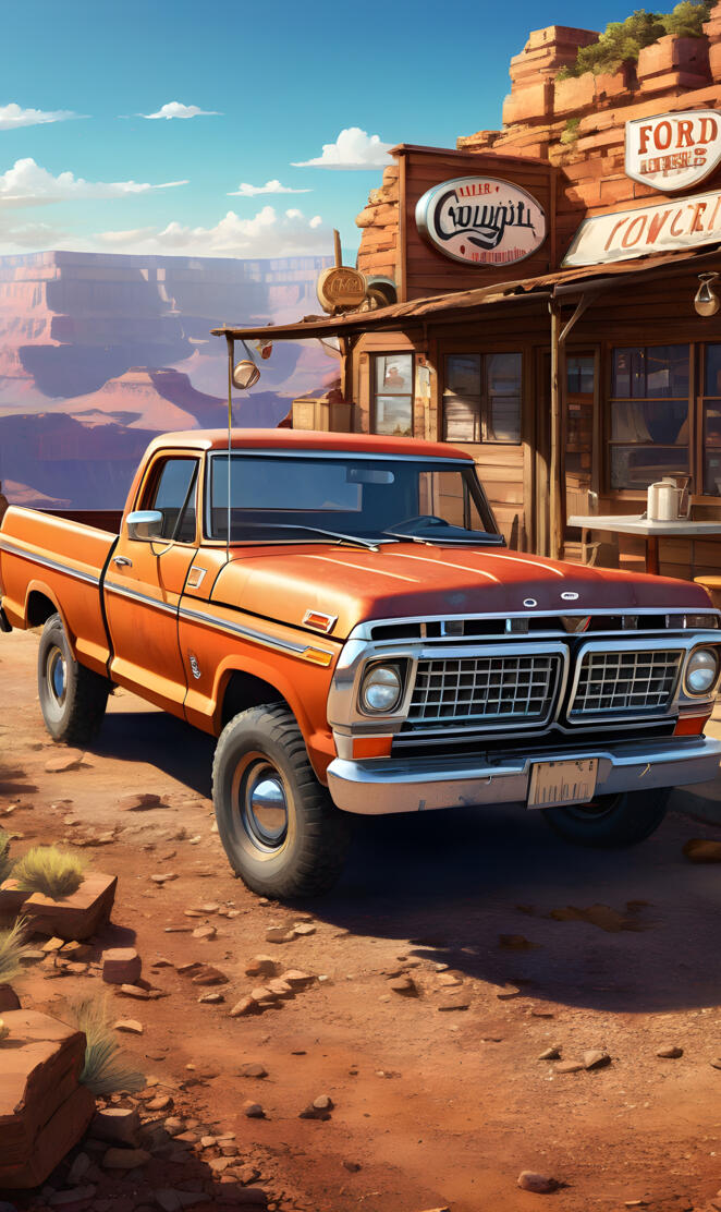 an orange truck parked outside a restaurant