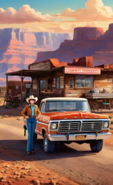 a person standing next to an orange truck in front of a building