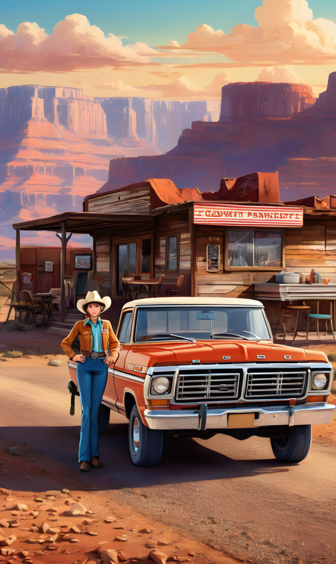 a person standing next to an orange truck in front of a building