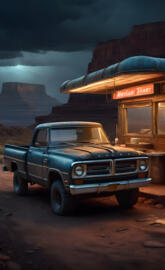 a truck parked outside a small building