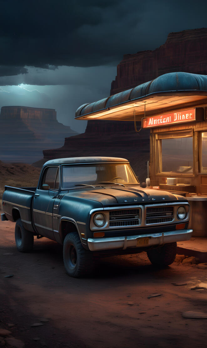 a truck parked outside a small building