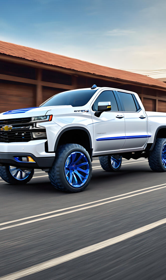 A Sweet Looking White And Blue Chevy Silverado 4x4 4-door Pickup Truck