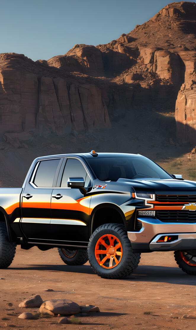 2025 Chevrolet Silverado 1500 4x4 4-door, Black With Orange Stripes.