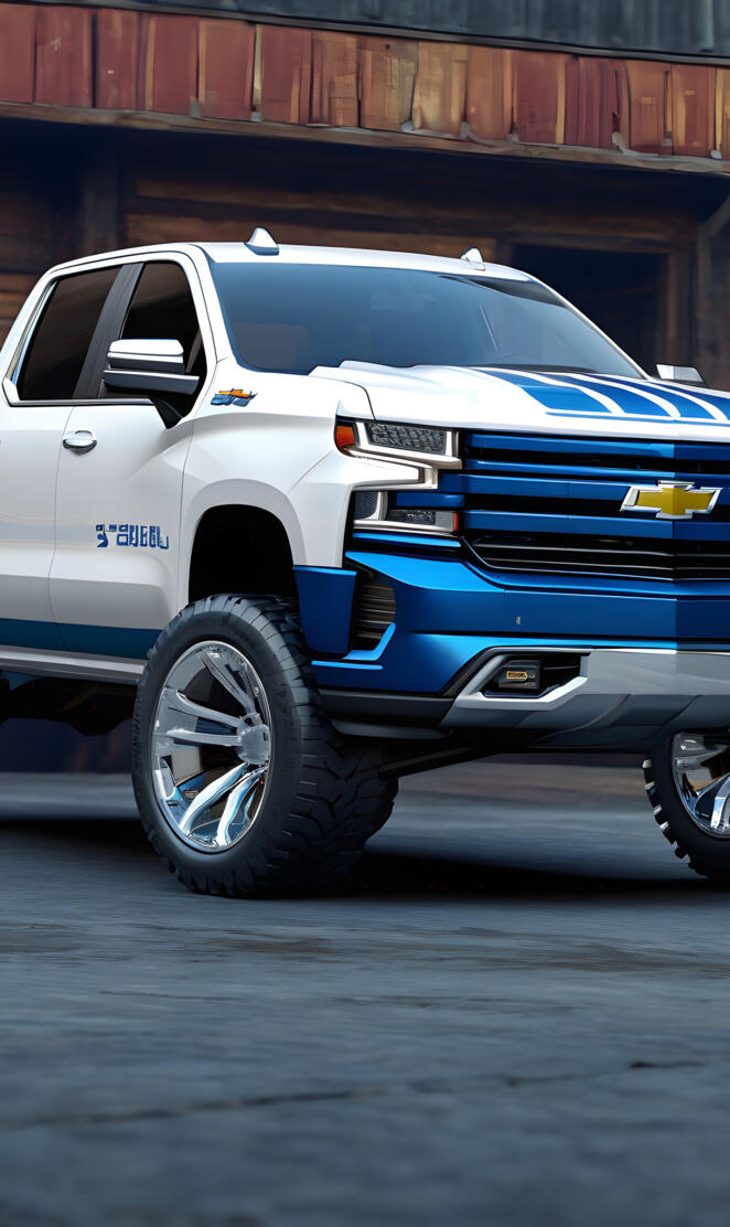 A White 2025 Chevrolet Silverado 1500 4x4 4-door, With Blue Stripes.