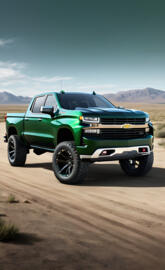 2025 Dark Green Chevy Silverado 1500, 4x4, 4-door Pickup.