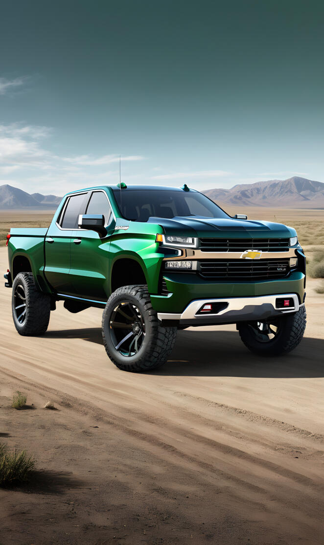 2025 Dark Green Chevy Silverado 1500, 4x4, 4-door Pickup.