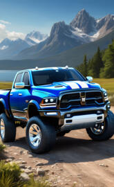 A Viper Blue Dodge Ram 4x4 4-door Pickup Truck, And Beautiful Scenery.