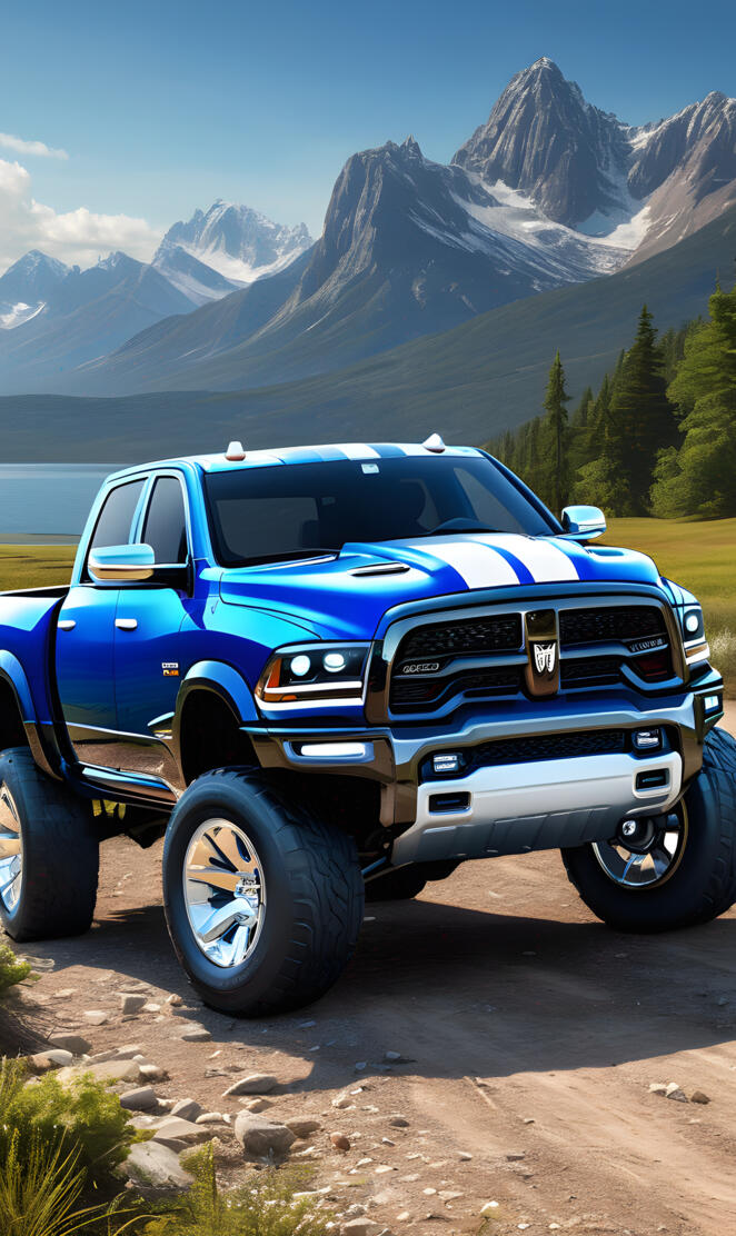A Viper Blue Dodge Ram 4x4 4-door Pickup Truck, And Beautiful Scenery.
