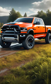 An Orange And Black 2025 Dodge Ram 4x4 4-door Pickup In The Country.