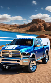A Blue And White Dodge Ram 4x4 4-door Pickup Truck.