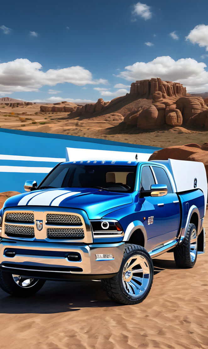 A Blue And White Dodge Ram 4x4 4-door Pickup Truck.
