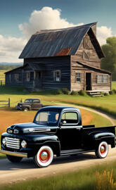 An old early 1950's Ford f pickup truck, near a farm.