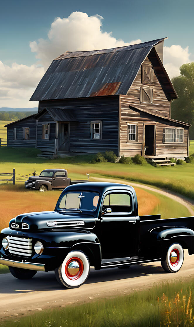 An old early 1950's Ford f pickup truck, near a farm.