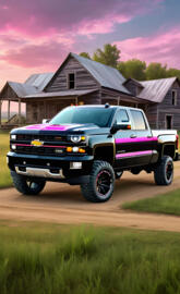A Black Chevrolet Silverado 1500, 4x4 4-door Pickup, With Pink Stripes