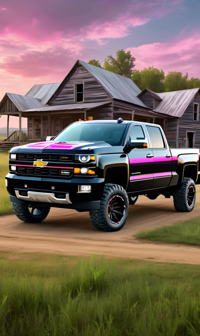A Black Chevrolet Silverado 1500, 4x4 4-door Pickup, With Pink Stripes