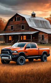 A Burnt Orange Dodge Ram 4x4 4-door Pickup, With Black Dodge Decals.