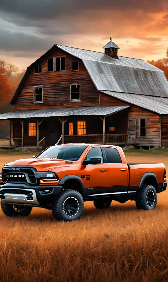 A Burnt Orange Dodge Ram 4x4 4-door Pickup, With Black Dodge Decals.