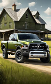 An Olive Green 2025 Dodge Ram 4x4 4-door Pickup Truck, At An Old House