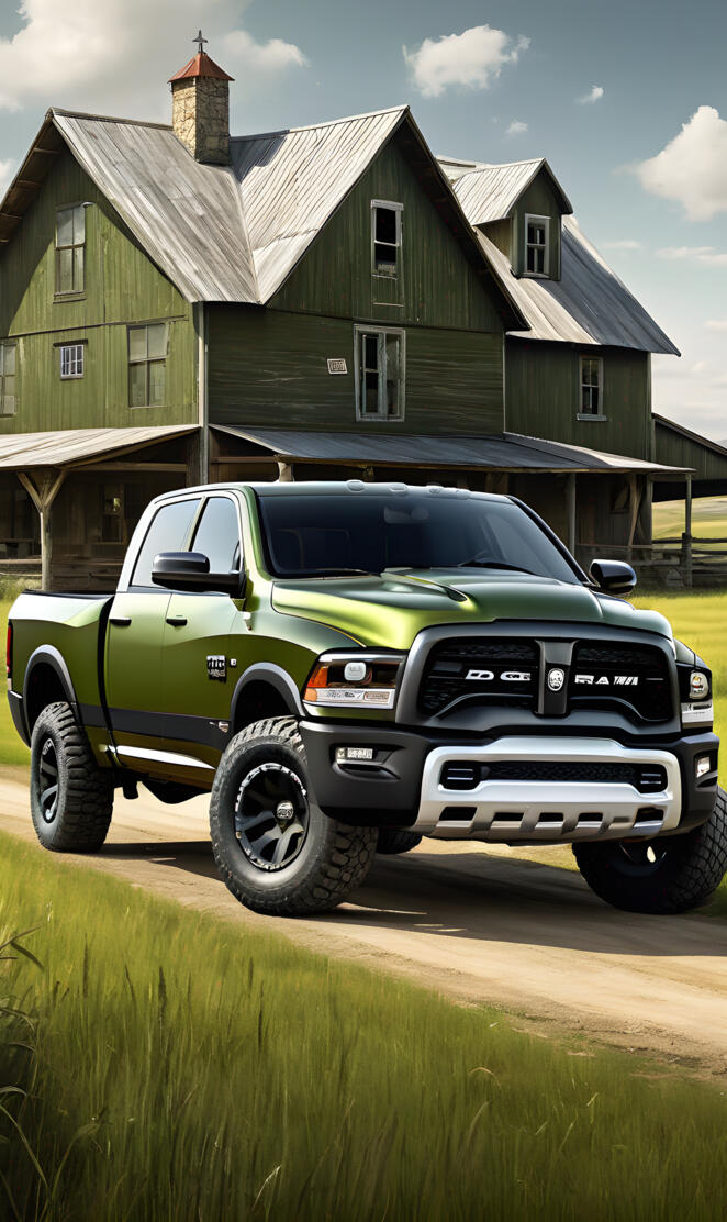 An Olive Green 2025 Dodge Ram 4x4 4-door Pickup Truck, At An Old House