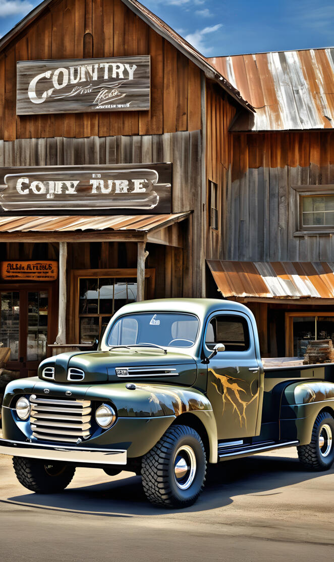 A 1948 Ford F1 Pickup Truck, Parked At A Beautiful Old Country Store.