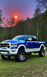 a blue truck parked in a field