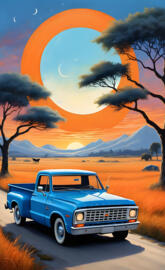 a truck on a road with a rainbow in the background