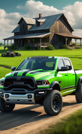 A Neon Green 2025 Dodge Ram 4x4 4-door Pickup, With Flat Black Stripes