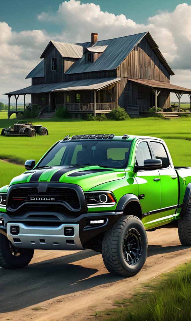 A Neon Green 2025 Dodge Ram 4x4 4-door Pickup, With Flat Black Stripes
