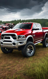 A Beautiful Candy Apple Red 2025 Dodge Ram 4x4 4-door Pickup Truck.