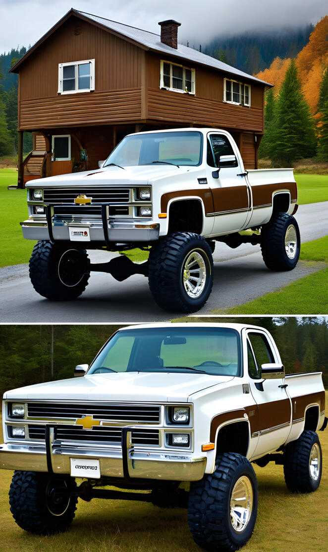 A Pretty White & Brown 1982 Chevrolet Silverado 4x4 2-door Pickup.