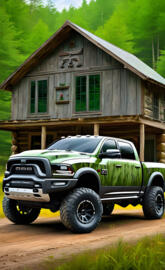 A Nice Looking Green Camo Paint Job On A 2025 Dodge Ram 4x4 Pickup.