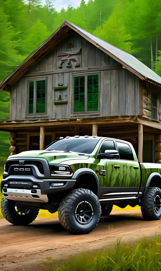 A Nice Looking Green Camo Paint Job On A 2025 Dodge Ram 4x4 Pickup.