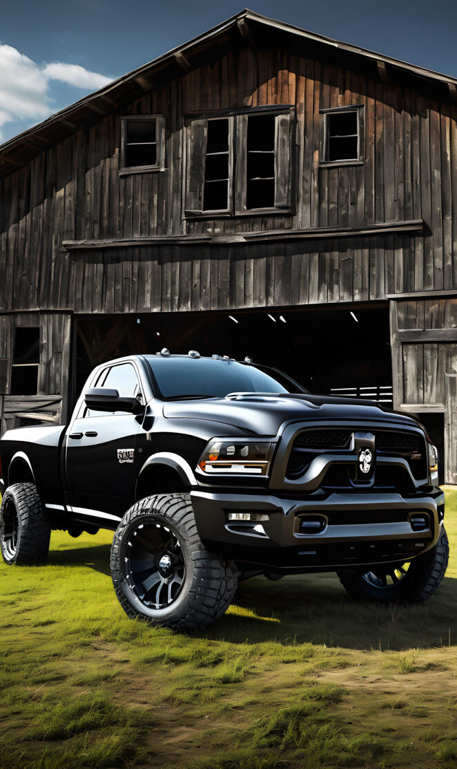 A Black Dodge Ram 4x4 Regular Cab Pickup With A Ten Inch Lift Kit.