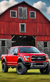A Beautiful Red Ford F-150 XLT Lariat Pickup Truck, Near A Nice Barn.