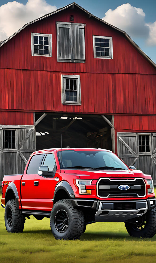 A Beautiful Red Ford F-150 XLT Lariat Pickup Truck, Near A Nice Barn.