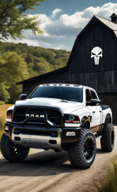 A 2025 Dodge Ram Pickup With A White Punisher Skull On A Barn Nearby.