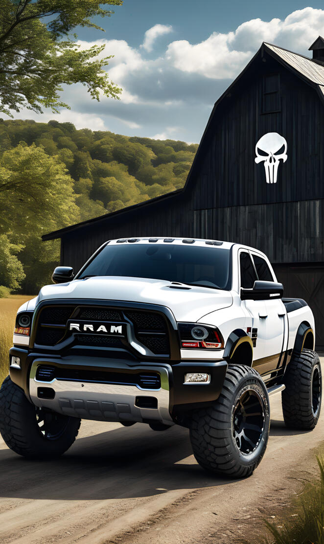 A 2025 Dodge Ram Pickup With A White Punisher Skull On A Barn Nearby.