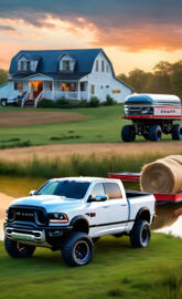 a white truck with a red trailer