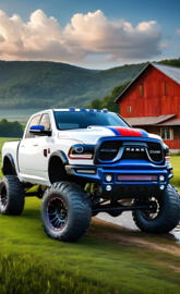 a blue truck parked in front of a house