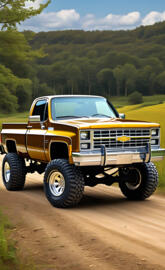 A Gold And Medium Brown 1982 Chevy Silverado 4x4 2-door Pickup Truck.