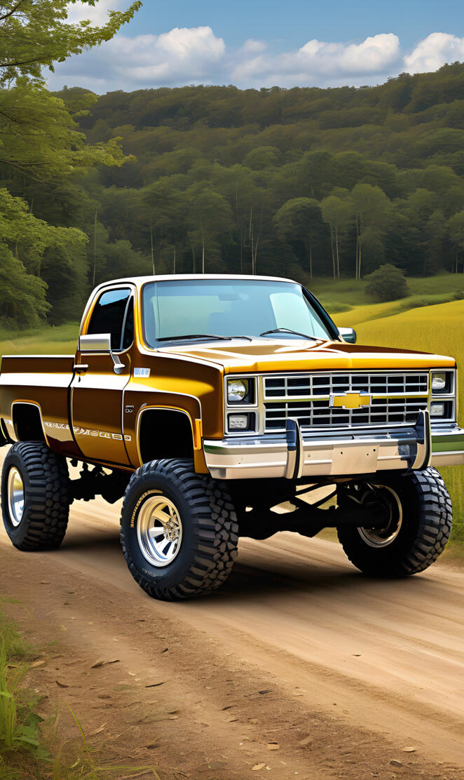 A Gold And Medium Brown 1982 Chevy Silverado 4x4 2-door Pickup Truck.