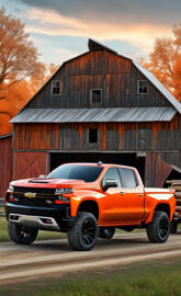 A Sharp Looking 2025 Chevy Silverado 2-door Pickup Truck And A Barn.
