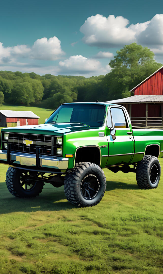 A Green 1985 Chevrolet Silverado 1/2 Ton 4x4 2-door Pickup Truck.