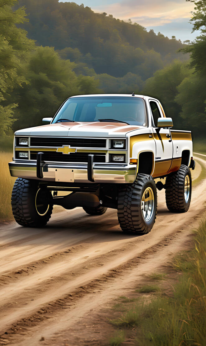 A Sharp White, Gold, And Brown 1987 Chevrolet Silverado 4x4 2-door.