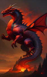 a dragon with wings and a red tail flying in the air